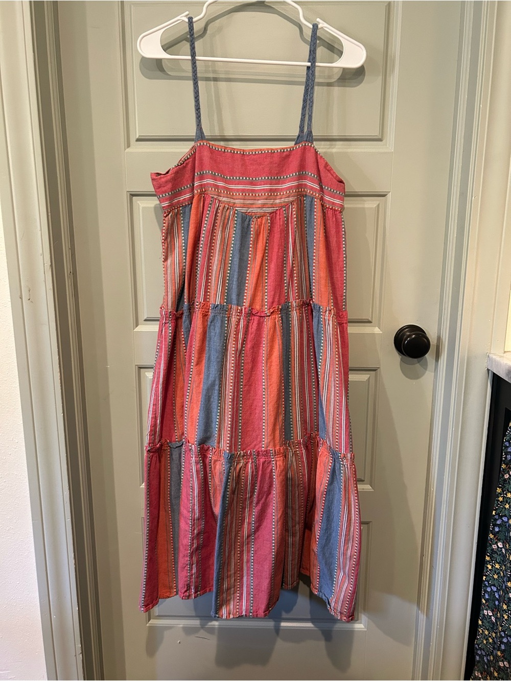 Striped Coral and Blue Tiered Midi Dress with Spaghetti Straps